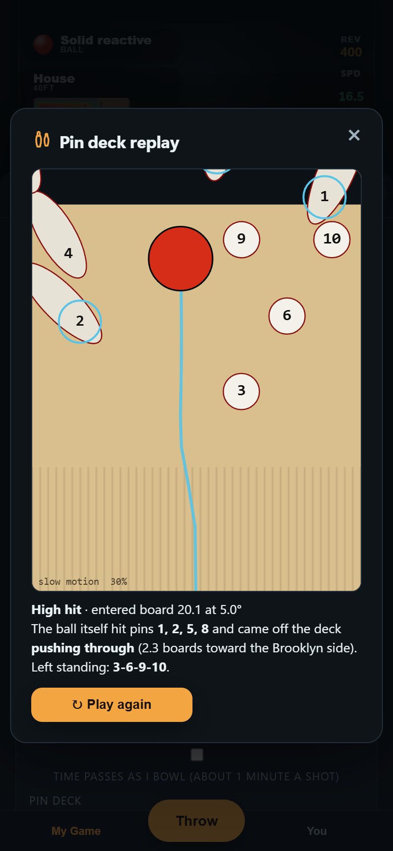 Pin deck replay: the ball entering the rack and the pins starting to fly