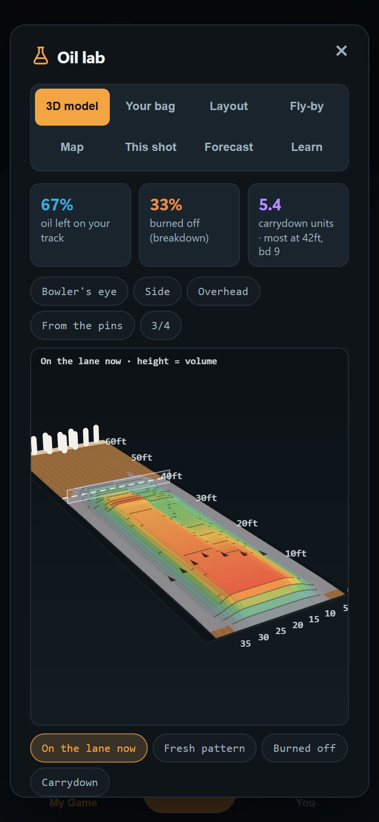 The oil pattern in 3D, with the burned track showing
