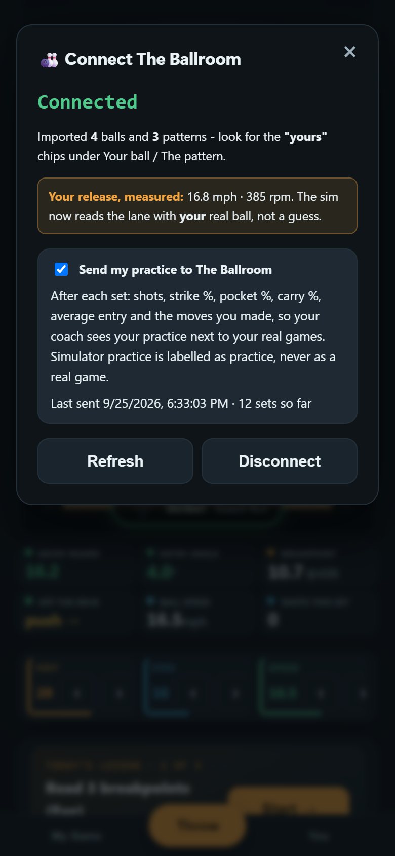 Connected to The Ballroom: measured release and practice sync switched on
