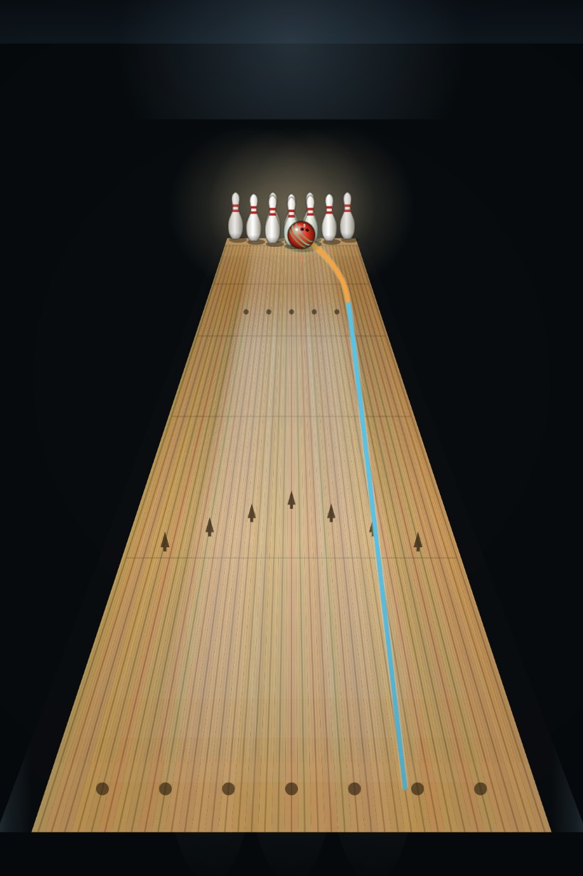 A bowling lane from the foul line — the ball tracing its skid, hook and roll into the pocket, exactly as BowlerU simulates it.